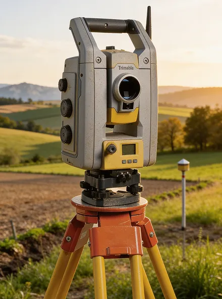 geodetická totální stanice Trimble při měření v krajině