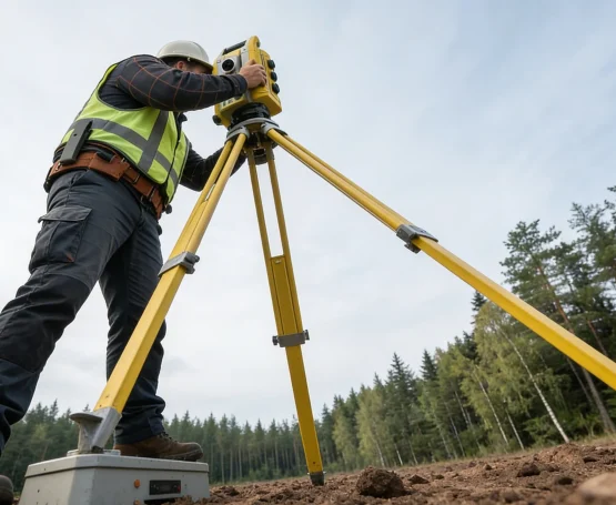 geodet provádí geodetické měření v terénu