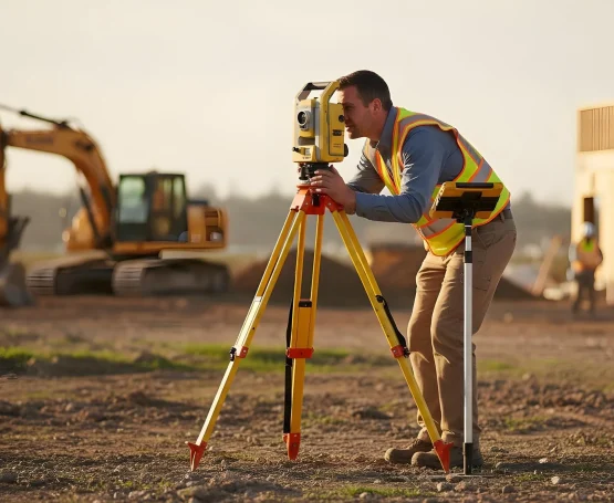 geodet zaměřuje stavební pozemek pomocí totální stanice